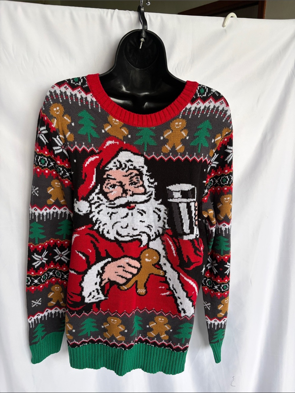Ugly Christmas Sweater Drinking Santa Mug & Cookies MENS M